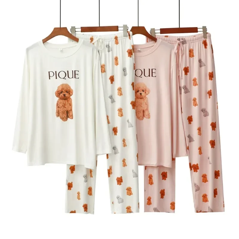 Spring and Autumn New Women\'s Pajamas Long Sleeve Long Pants Round Neck Set Cartoon Soft Skin Friendly Cute Home Clothes