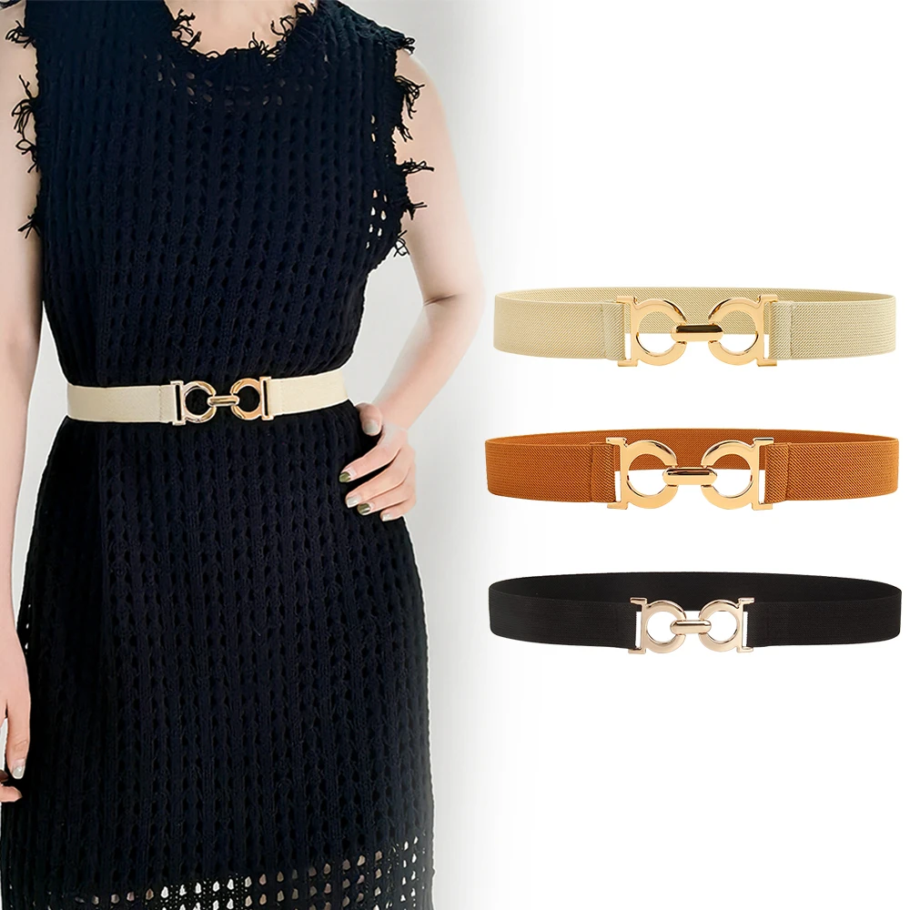 Women's thin waistband elastic elastic black waistband decorative dress Metal buckle simple temperament accessories