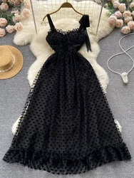 Elegant Black Long Dress Summer Women Mesh Tulle Polka Dots Lace Party Dresses Ladies Slim A-line Vintage Maxi Dress Vestidos