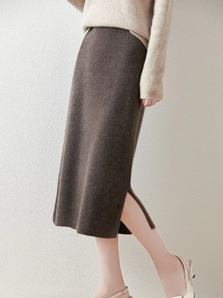 

Autumn and Winter new 100 Pure Wool Half Skirt for Women, Mid to Long Style With Slit, High Waist and Hanging Feeling, Knitted C