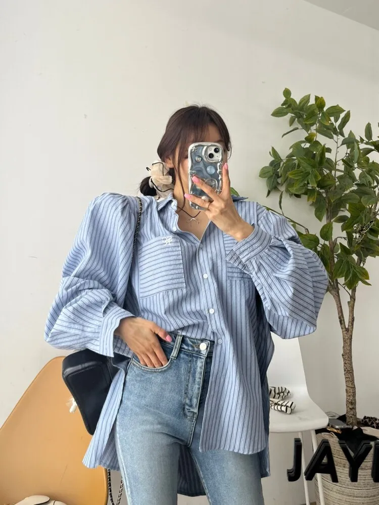 

Свободная длинная полосатая одежда в синюю полоску с воротником-стойкой, универсальная женская модная верхняя одежда для похудения, с разрезом