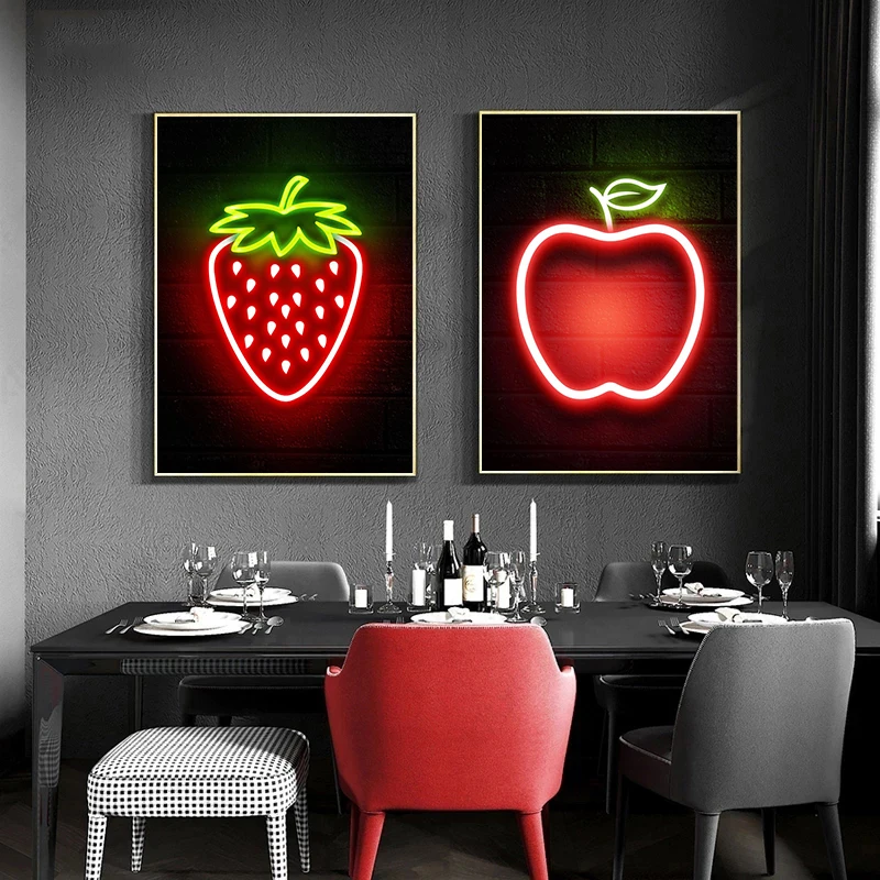 Lemon Apple Pineapple Banana Fruit Neon Sign Posters and Prints Wall Art Picture Canvas Painting for Kitchen Cartoon Home Decor