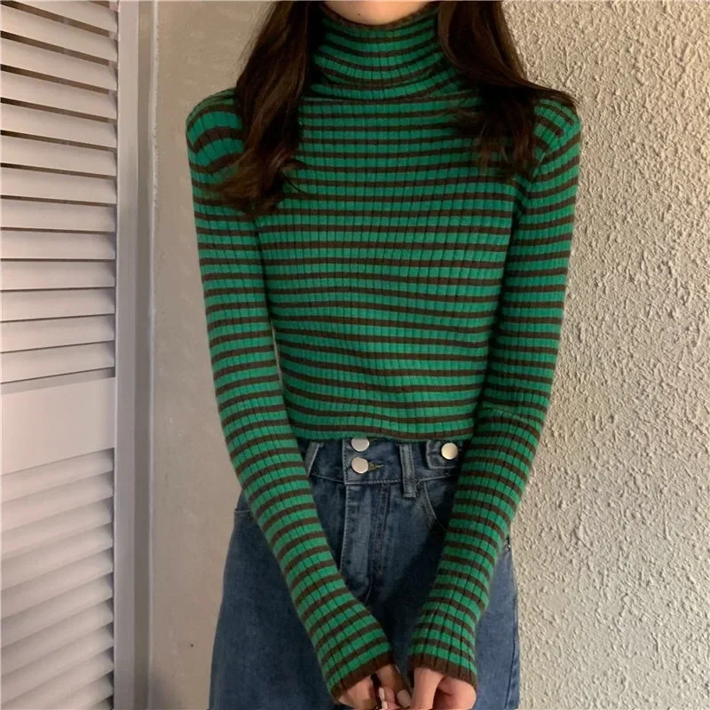 New Black Striped Sweater Women Knitted Pullover Autumn Long Sleeve Turtleneck Knitwear Slim Fit Bottoming Shirt Stretch Jumpers