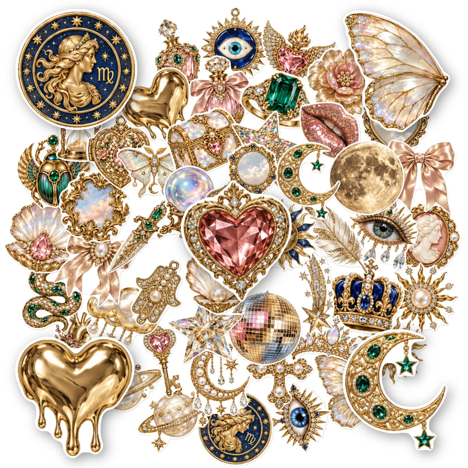 50Pcs Baroque Vintage Gold Pearl Gem Stickers Luxury Ornate Decals DIY Junk Journal Scrapbook Laptop Phone Aesthetic Craft Decor