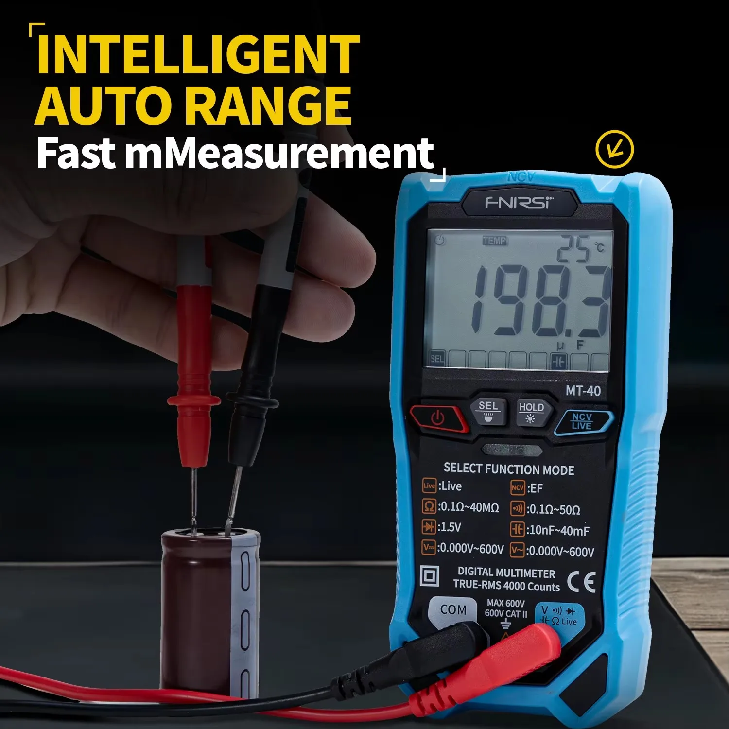 FNIRSI MT-40 Smart Digital Multimeter 4000 Counts True RMS AC DC Voltage 600V Capacitance Ohm Hz NCV Live Wire Test Auto Range