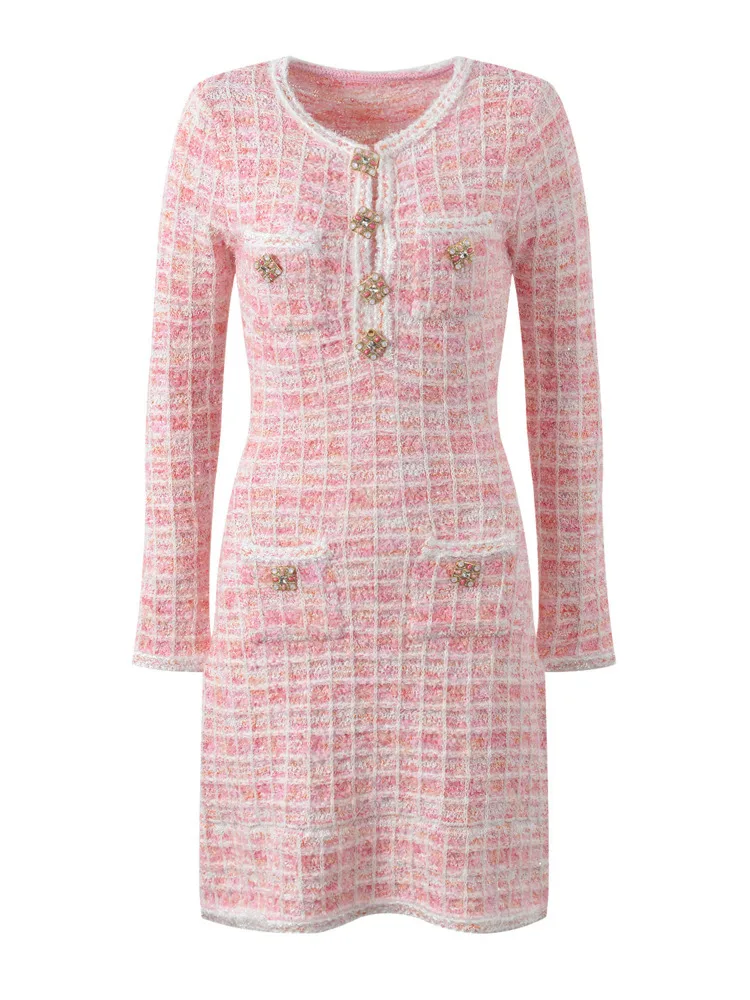 CHUJIE Conjunto de punto estilo francés de otoño 2025, top de manga larga con cuello redondo y media falda, traje rosa suave, mezcla de viscosa
