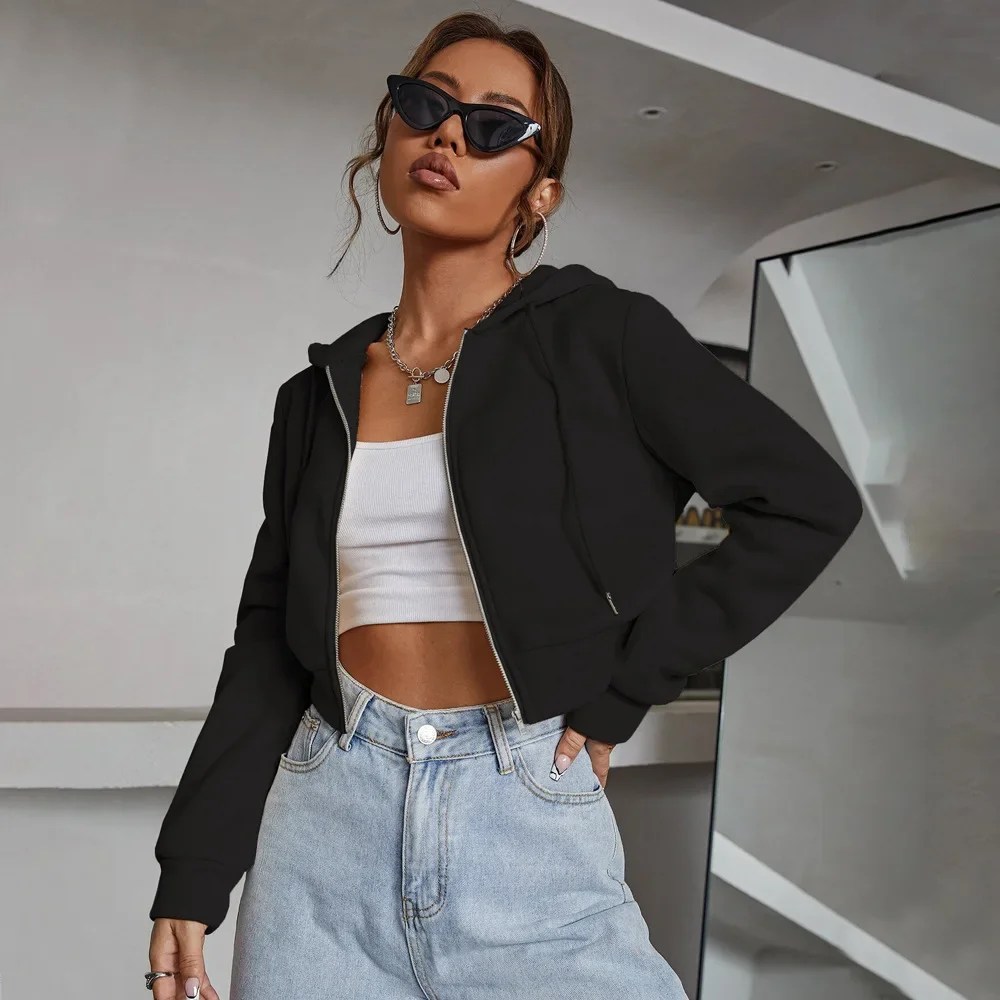 

Spring Autumn Women's Sweat Jacket Long-Sleeved Zipper Cropped Cardigans Lady's Solid Color Track Jumper Coat Tops Women Jackets