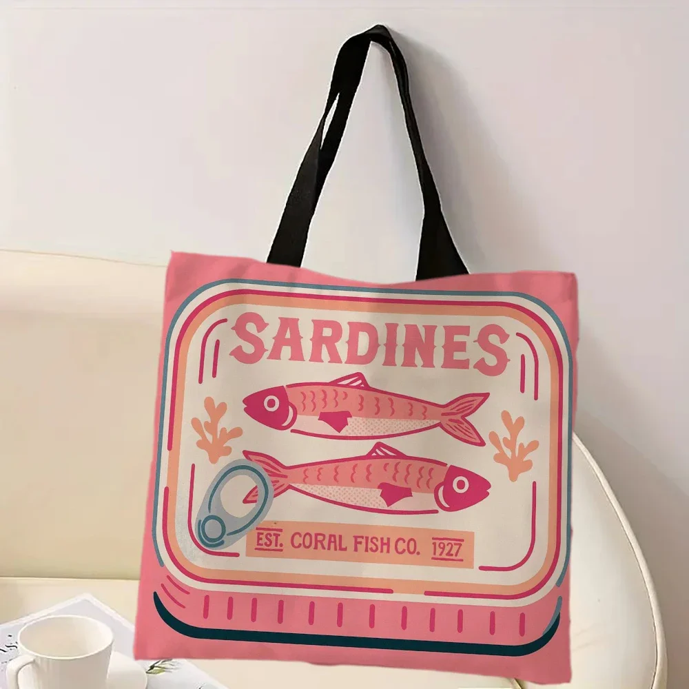 Bunte, trendige Sardinen-Druck-Freizeithandtasche, wiederverwendbarer modischer Rucksack, multifunktionale Einkaufstasche, Polyester-Einkaufstasche – Detail 11