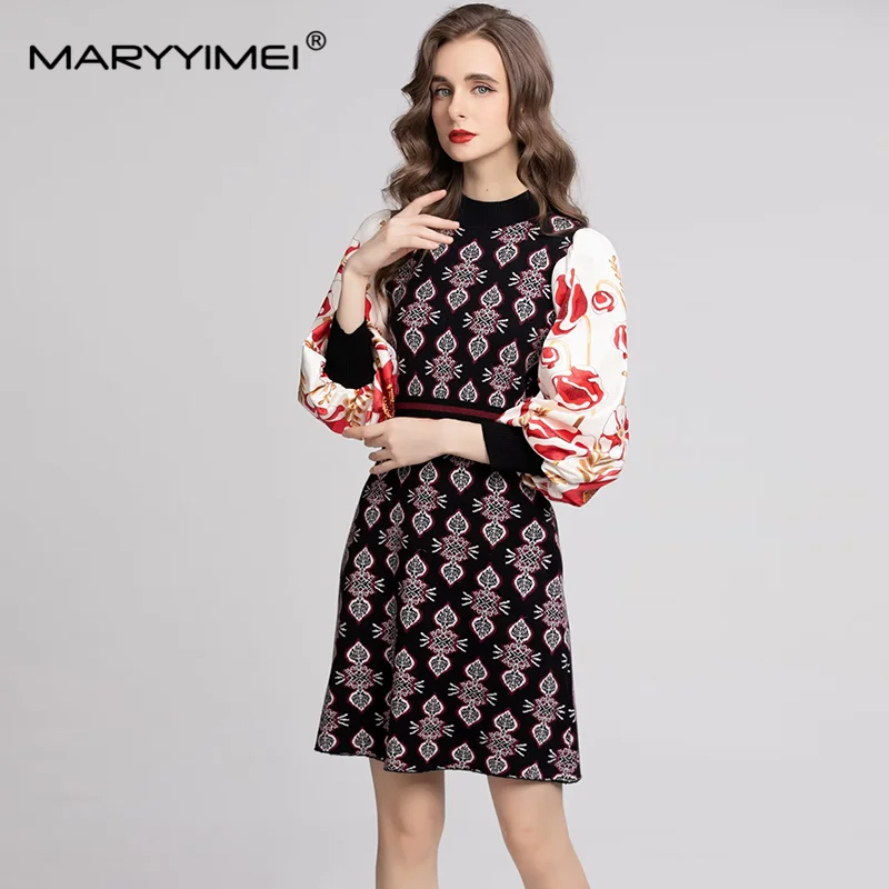 

MARYYIMEI Autumn Women's Dress Lantern Sleeved High waist Romantic Daily Basic Streetwear Style Straight Dresses