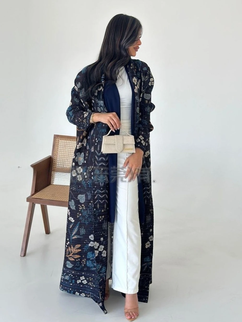 Miyake Plissee Abaya Umlegekragen Vintage Gedruckt Langarm Kleid Frauen 2025, Neue Designer Abayas Mode Lange Lose Mantel