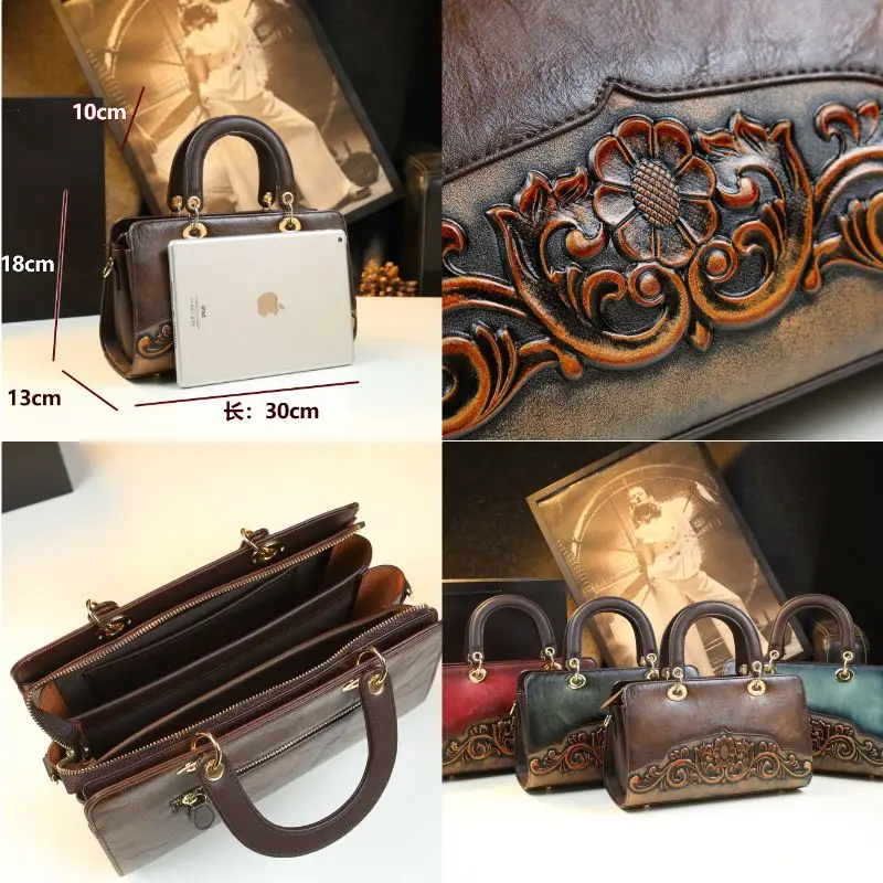 حقيبة كتف نسائية كلاسيكية من العلامة التجارية المصممة يدويًا من الجلد ذات سعة كبيرة منقوشة للنساء