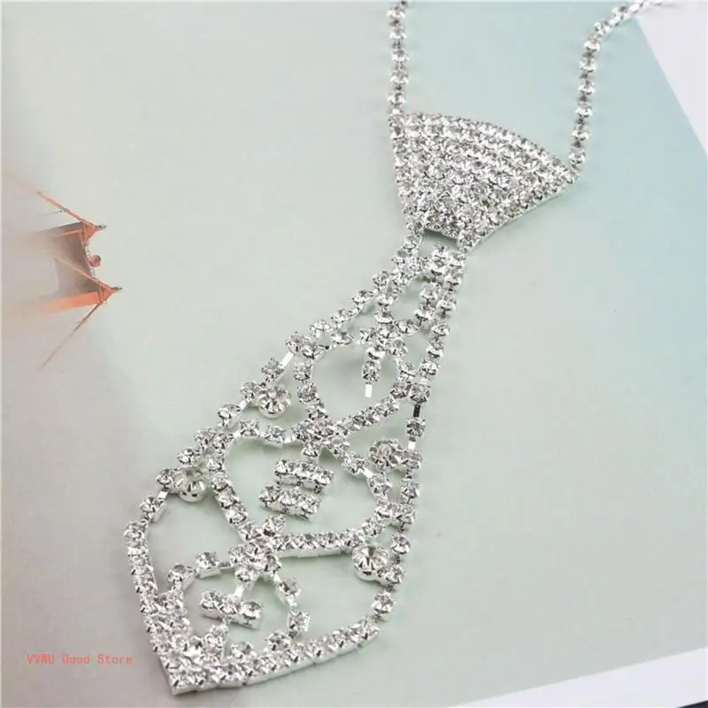 Women Sexy Glitter for Rhinestone Necktie with Adjustable Long Chain Hollow Clavicle Shiny Jewelry Diamond Necklace Chok