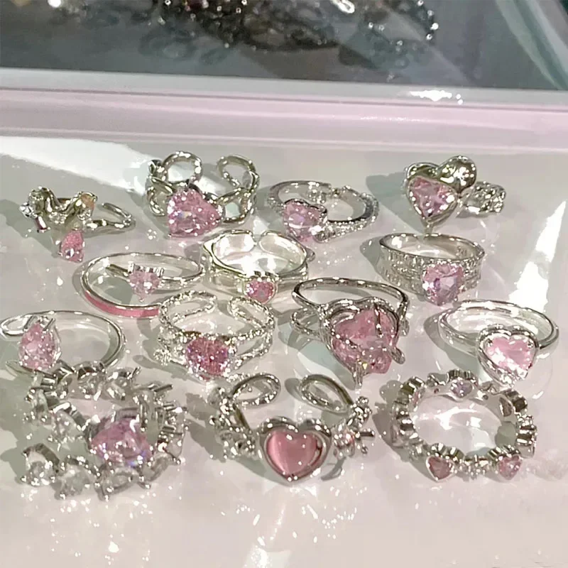 Anillos de cristal ajustables Y2K para mujer y niña, conjunto de anillos de corazón de lazo Vintage de geometría Irregular rosa, nuevo regalo de joyería de moda 2023