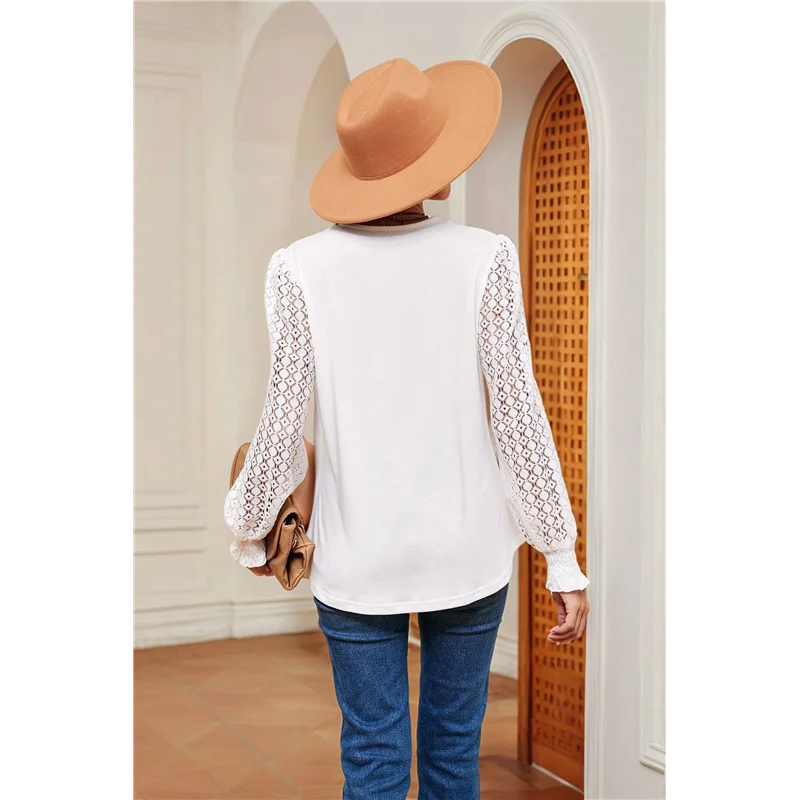 

ASDS-Women's V Neck Shirred Mesh Flounce Long Sleeve Blouse Casual Top