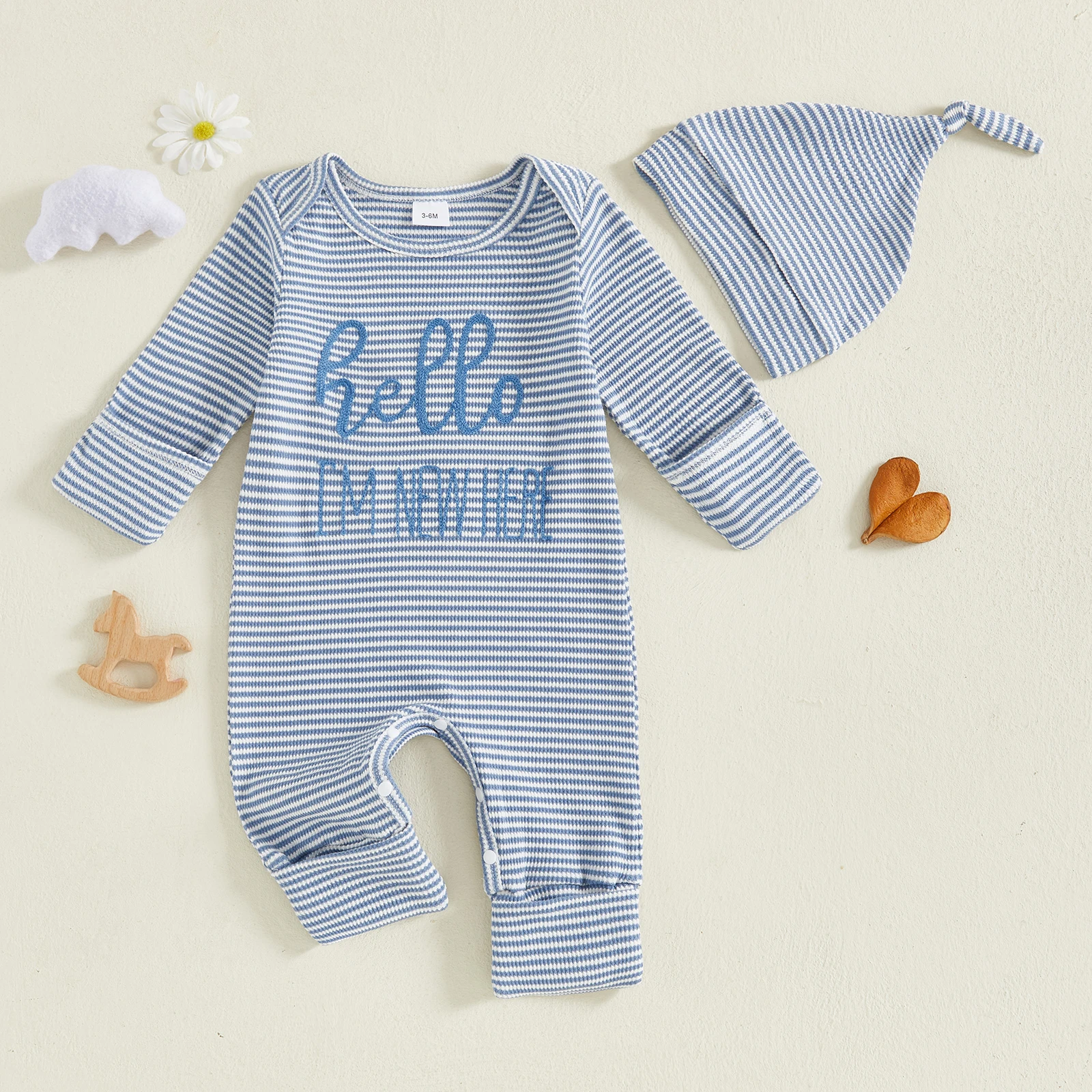 Baby Boy Striped Romper Fashionable Letters Embroidery Round Neck Long Sleeve Jumpsuits with Hat