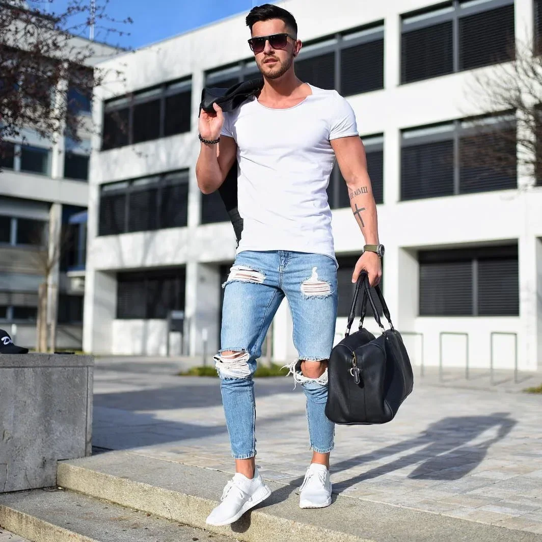 European and American New Style Slim-fit Jeans for Men, Long Pants, Trendy Street Ripped Solid-color Casual Slim-fit Jeans