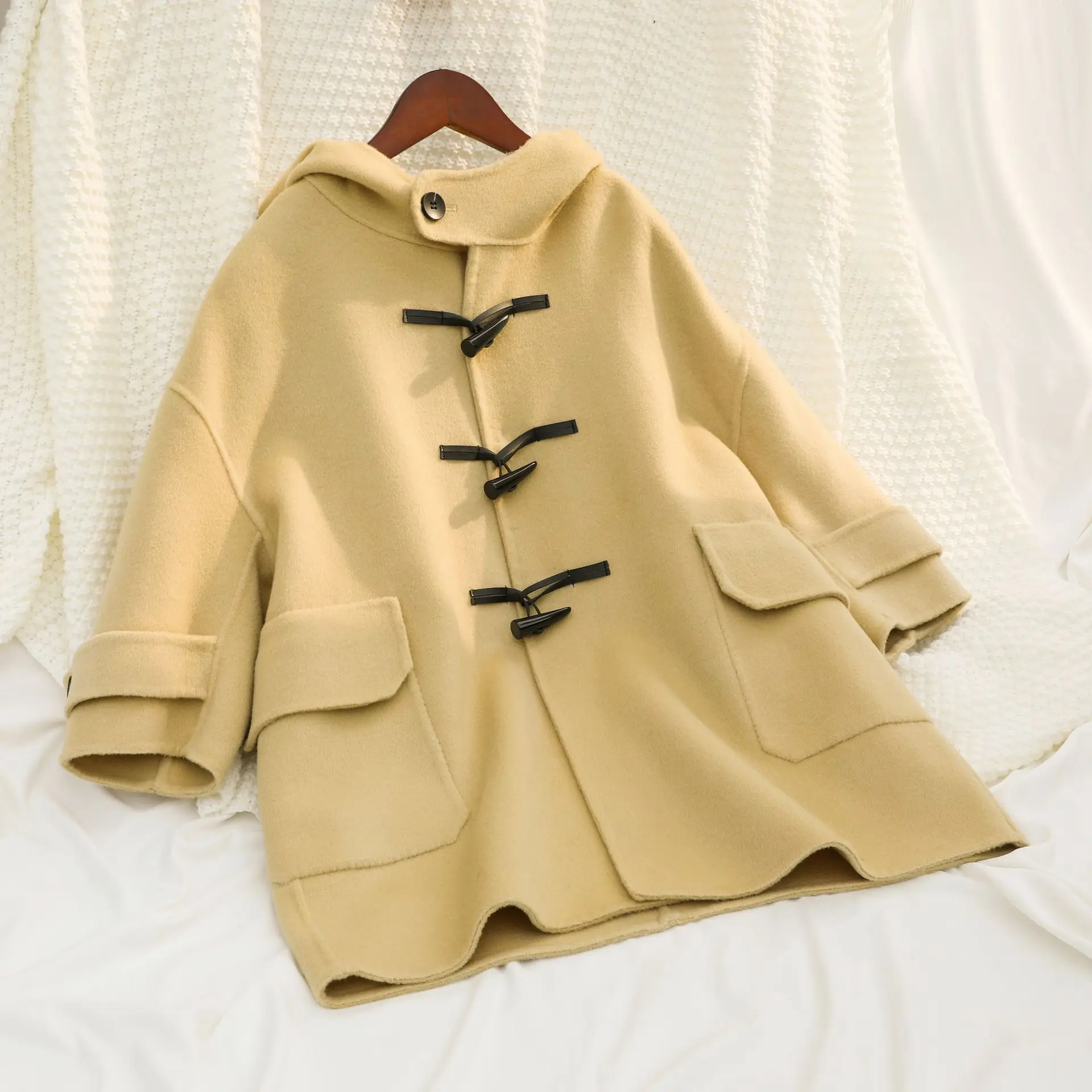 New Wool Double-sided Cashmere Coat Boys and Girls Children Cow Horn Button Tweed Coat Winter Middle and Large Children