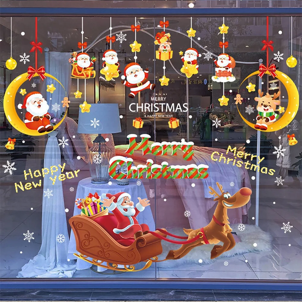 Christmas Atmosphere Glass Non-marking Stickers DIY Glass Stickers Santa Claus Gift Family Holiday Decoration Happy New Year!