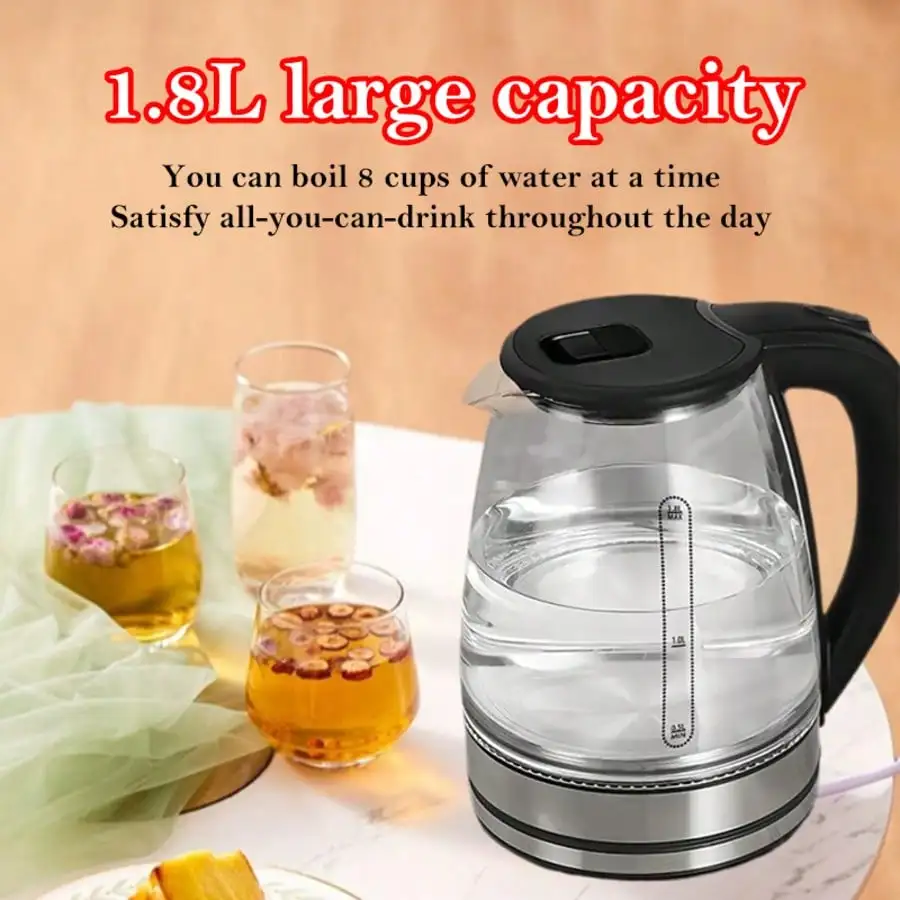 1 Pc 1.8l Glass Electric Kettle, 1000W US Plug - 110-130V, High Power Glass Kettle With LED Indicator, Automatic Shutoff And Dry Boil Protection, With Heating Base, Perfect For Coffee And Tea, Kitchen Essential.Santa's Top Picks .