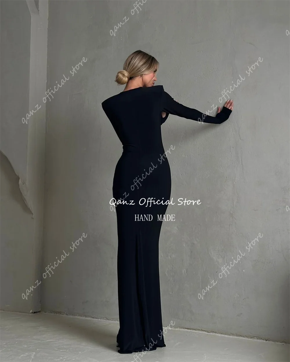 Qanz Moderne schwarze Abendkleider, Kristall, lange Ärmel, Meerjungfrau, schmal geschnitten, Vestidos De Noche, formelles Anlasskleid, individuell gestaltet