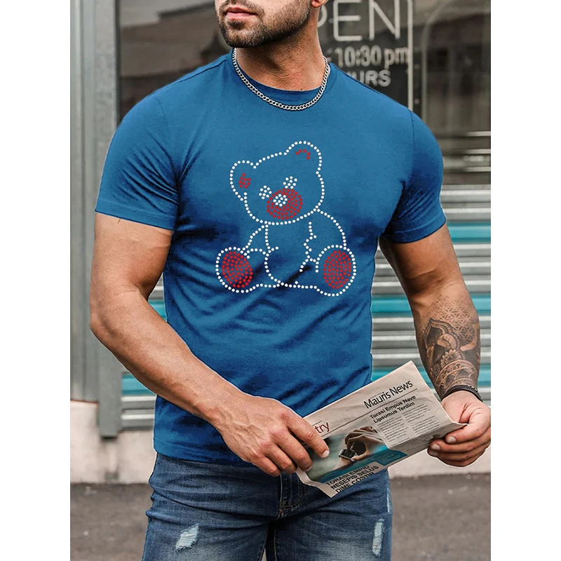 Fashion Men's Clothing High Quality Oversized Tee y2k Bear Rhinestone Designer Short Sleeve Tops Outdoor Casual Street t-shirt