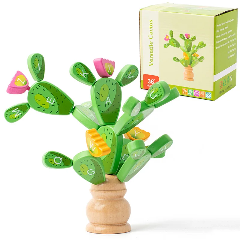 Cactus Letter Blocks Montessori Wooden Toys Children Sensory Play Fine Motor Training Stacking Building Block Educational Toys