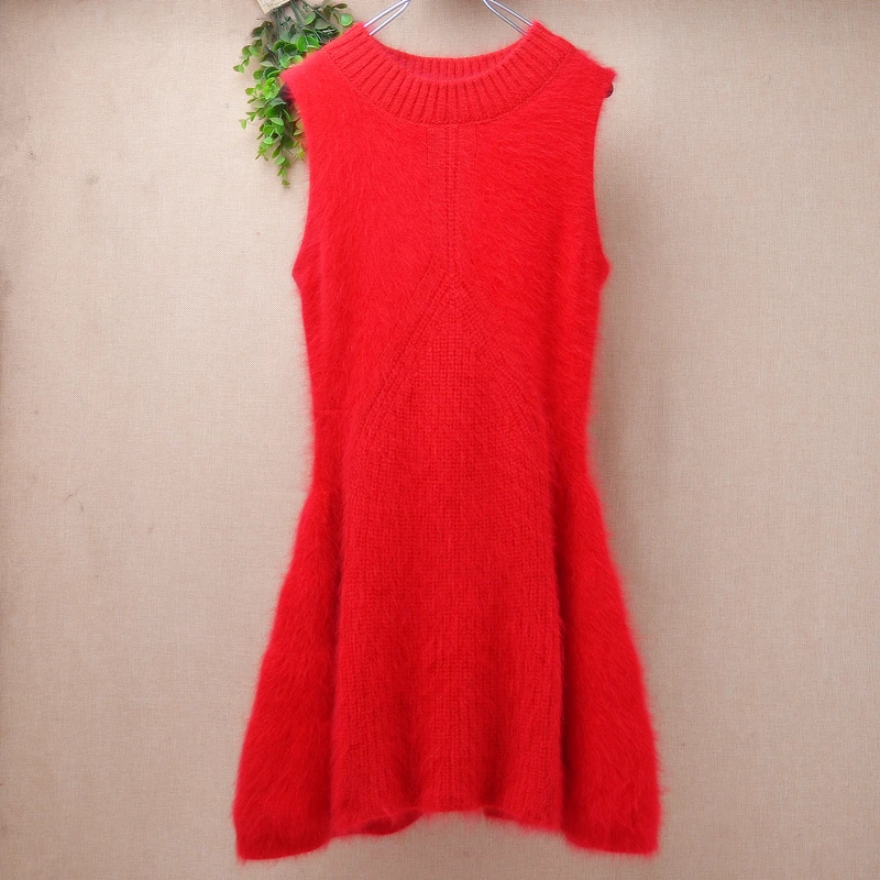 Ladies Women Fashion Red Hairy Mink Cashmere Knitted O-Neck Medium Long Sleeveless Slim Angora Sweater Jumper Vest Dress Pull