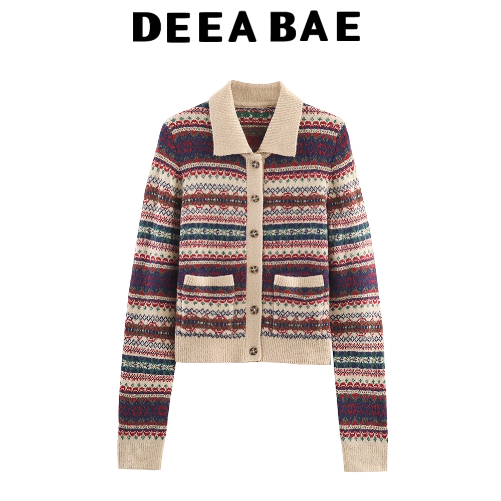 

DEEABAE 2025 зимний новый продукт, женский милый свободный жаккардовый вязаный кардиган с круглым вырезом, пальто, свитер