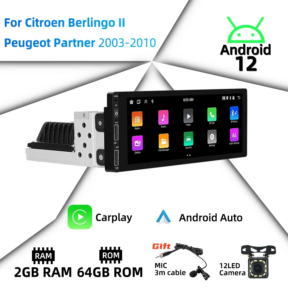 Android Radio for Citroen Berlingo II Peugeot Partner 2003-2010 Car Multimedia Android Auto Stereo 1 Din Carplay Autoradio GPS