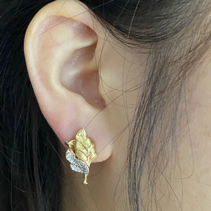 Aazuo Vintage Jewelry 100% 18K Yellow Gold Real Diamonds 0.28ct Lovely Leaves Stud Earring Gifted For Women Engagement Party