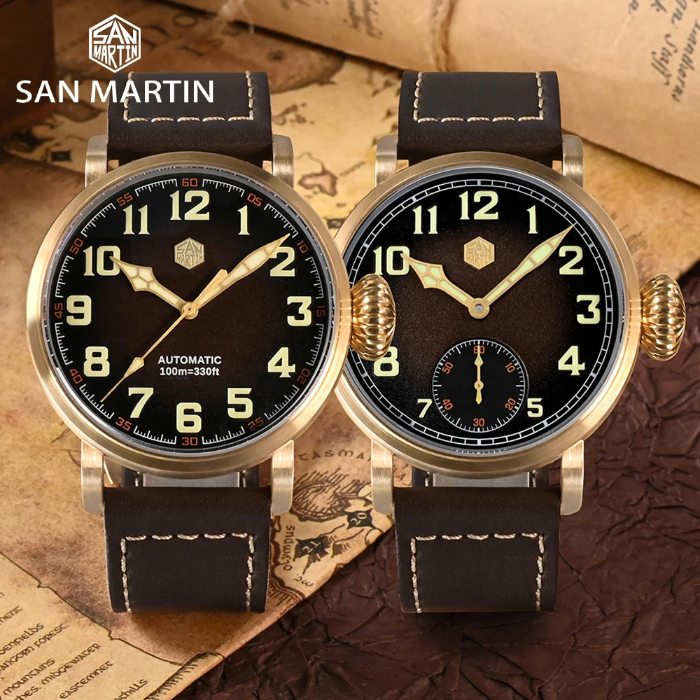 San Martin 45mm CuSn8 Bronze Pilot Men Watch YN55A Automatic Mechanical Vintage Military Simple Style Sapphire Waterproof 10Bar