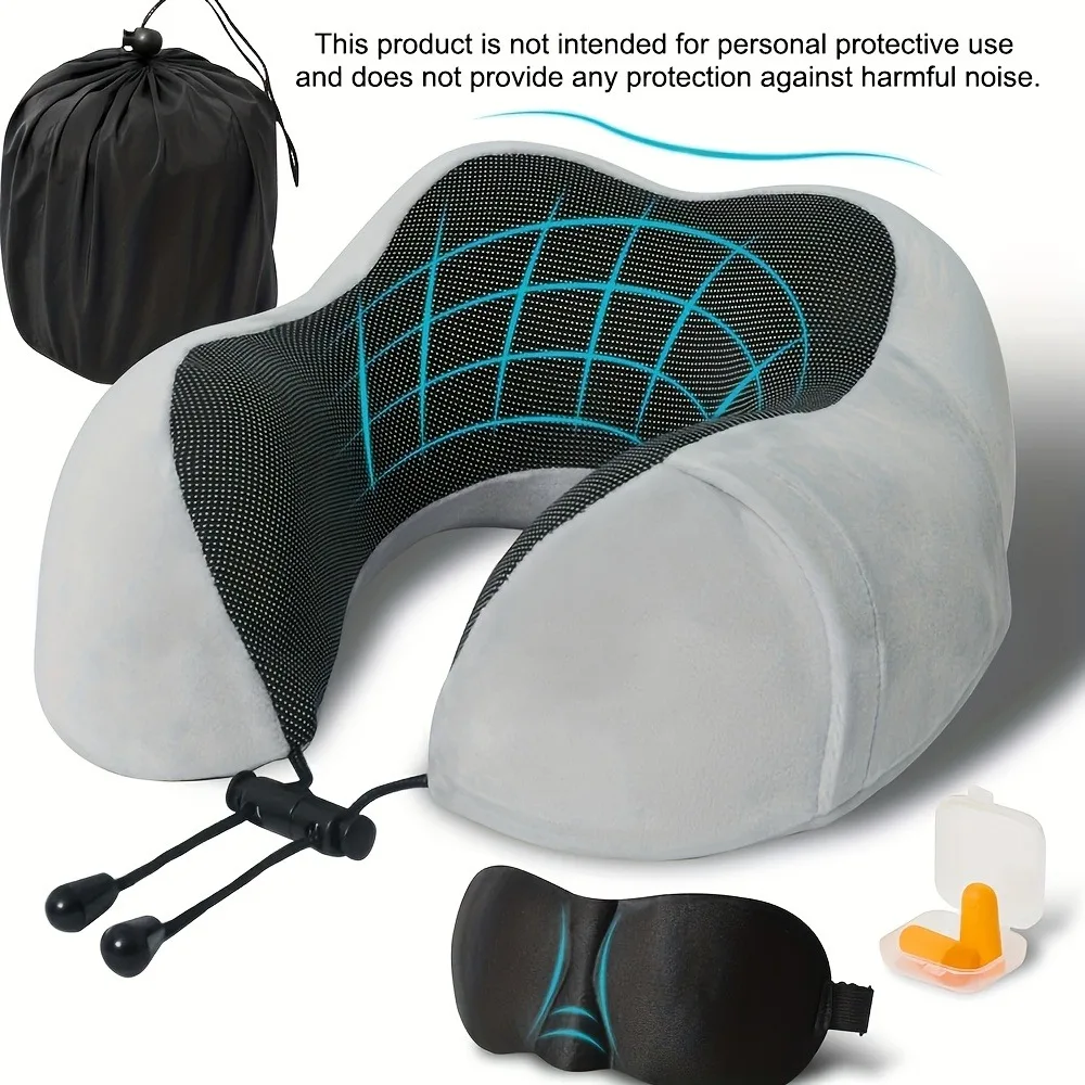 Travel Pillow, Airplane Sleep Travel Pillow, Memory Foam Neck Pillow Set Includes Eye Mask, Earplugs, and Storage Pouch - view 2