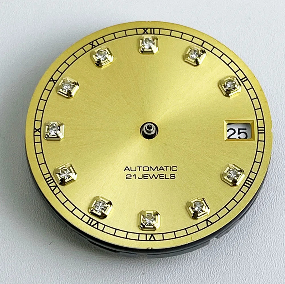 Data azul de 28,5 mm Configuração de mostrador amarelo, preto e branco mostrador nh 35 movimento automático mostrador de 29 mm