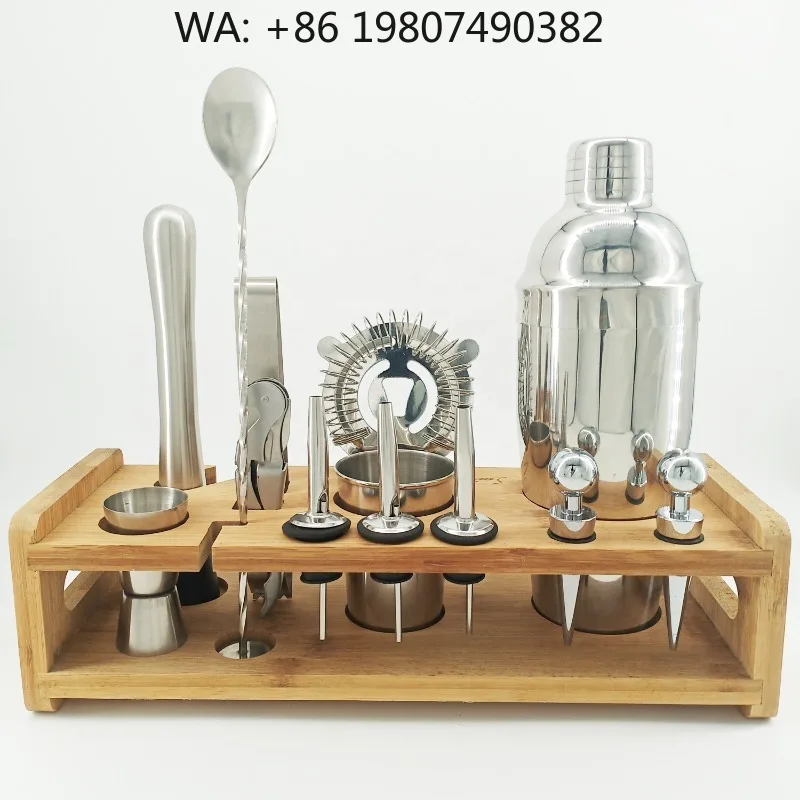 Complete  Barware Collection, 14Pcs Stainless Steel 750ml Cocktail Shaker Bartender Tools With Detachable Bamboo Stand