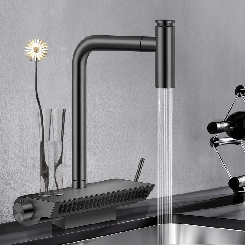 Kitchen Faucet Black Gold Smart Splash-Proof Rotatable Household Sink Pull-Out Hot and Cold Water Fine Rain Faucet