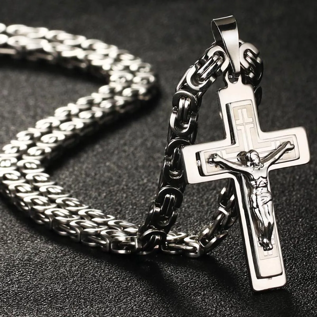 Orthodox Crucifix Jesus Christ Cross Pendant Necklace Stainless Steel Byzantine Chain Necklaces Jewelry for Men