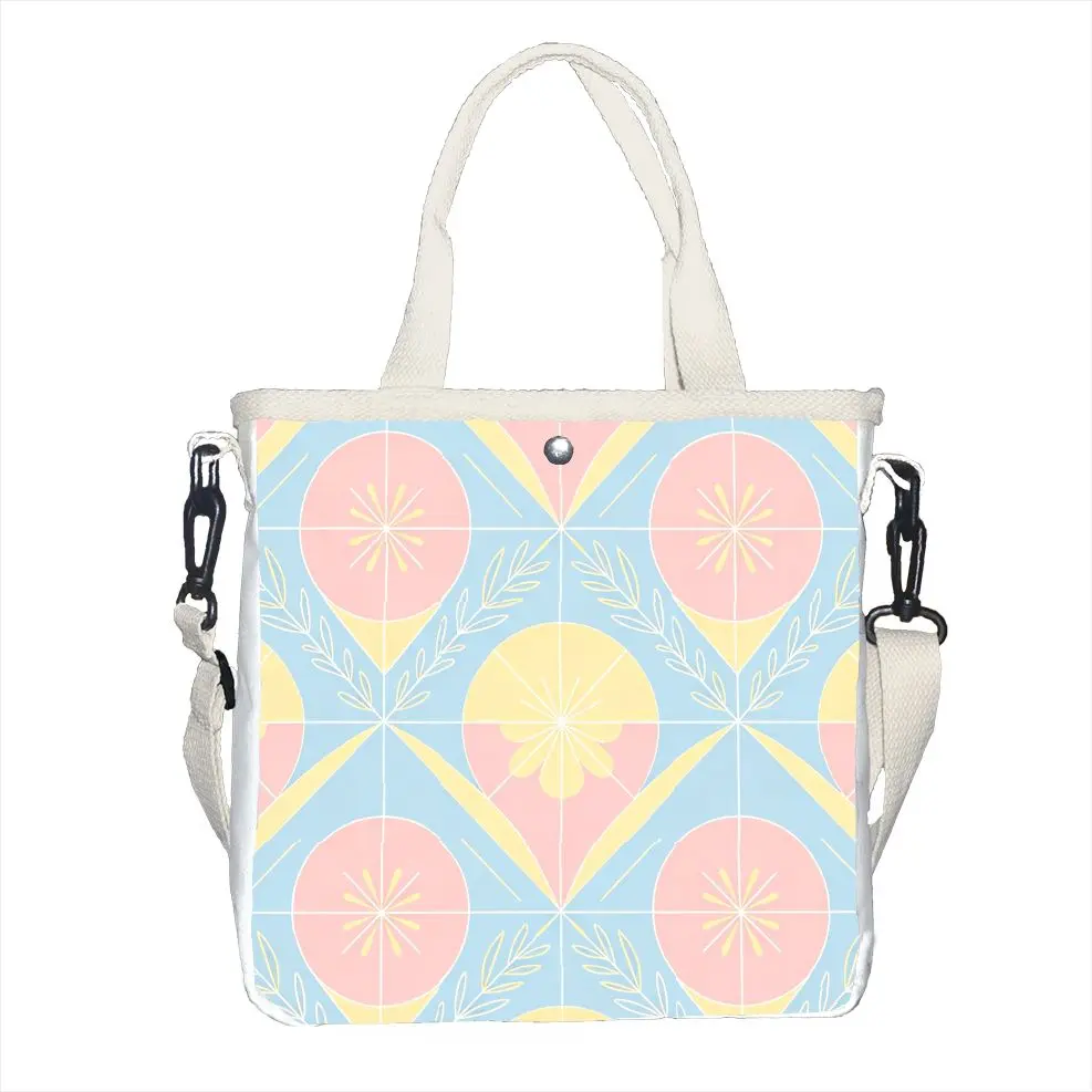 1pc Pastel Geometric Floral Print Tote Bag, Adjustable Strap Minimalist Shoulder Bag
