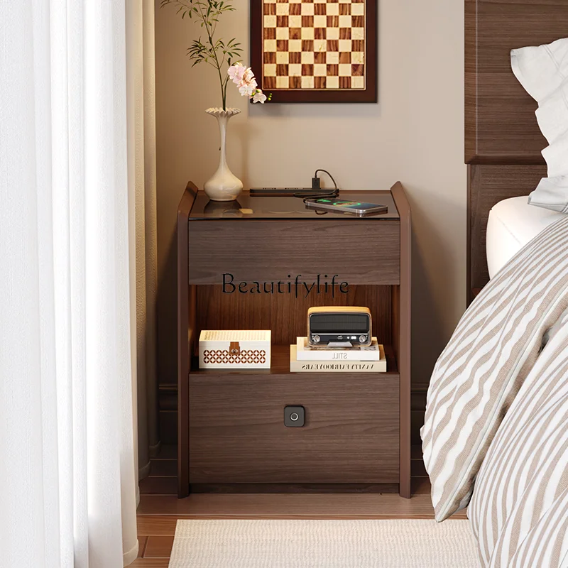 Solid wood bedside table simple modern small bedside rack with fingerprint lock