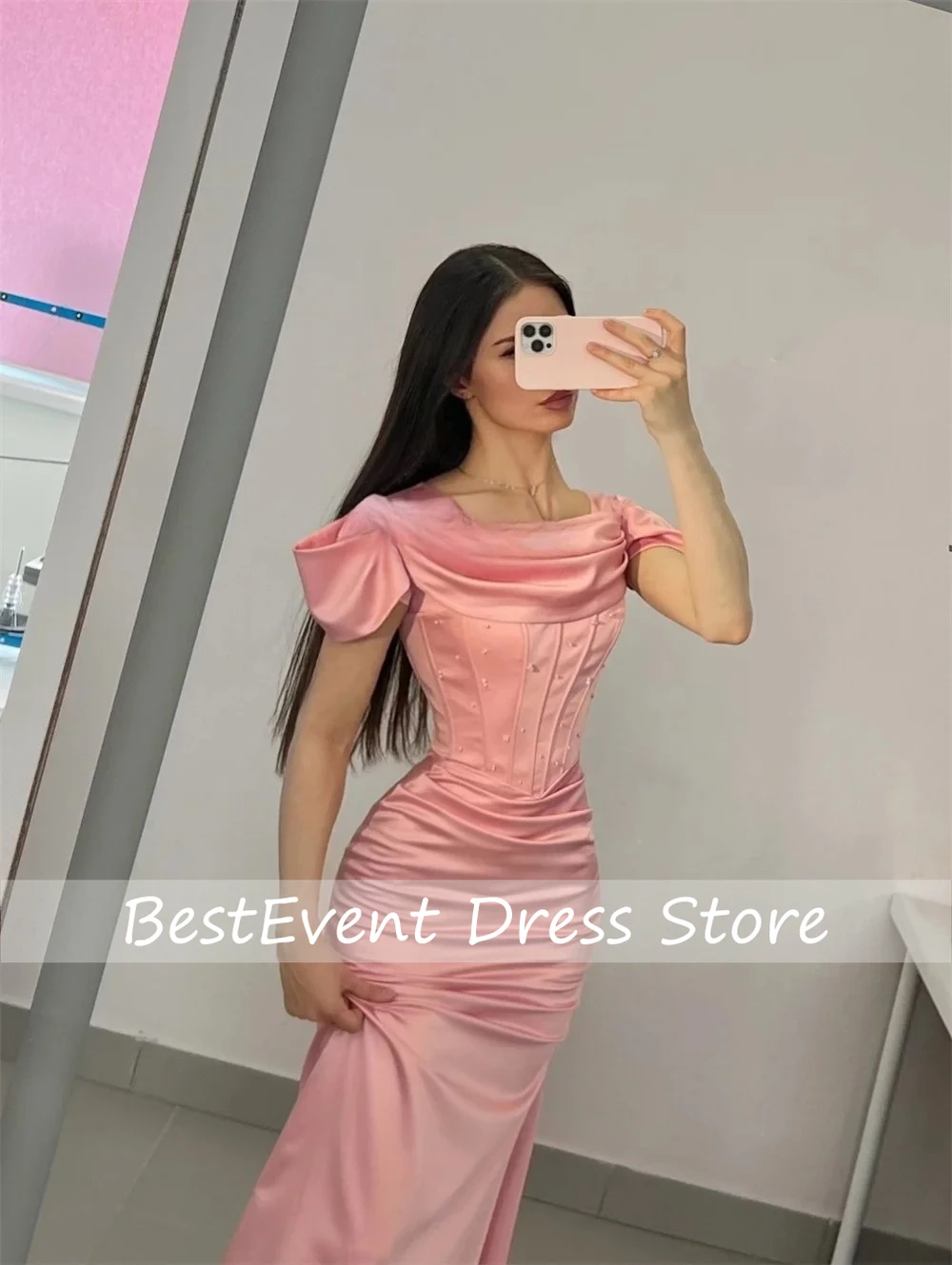 

Customized Modern Off Shoulder Pleated High Quality Pearl Mermaid Floor Length Bridal Dresses Evening Dresses Fashion
