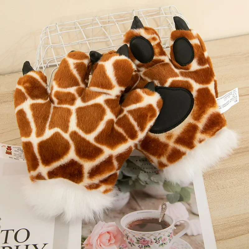 

1 пара женских перчаток с животными, плюшевые перчатки с когтями, костюмы для косплея, милые мультяшные имитационные пушистые варежки, зимние теплые