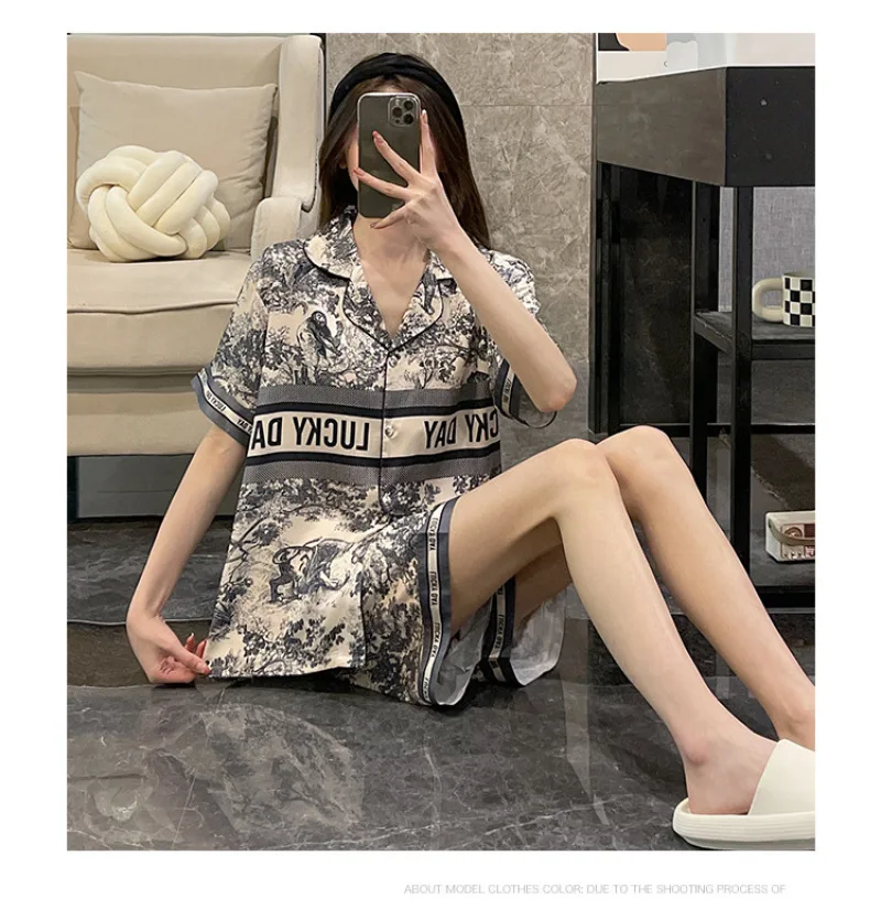 Women\'s Pajamas Sets Spring Summer 2 Piece Print Pyjama Buttons Faux Silk Satin Sleepwear Short Sleeve Pijama Mujer Pjs Homewear