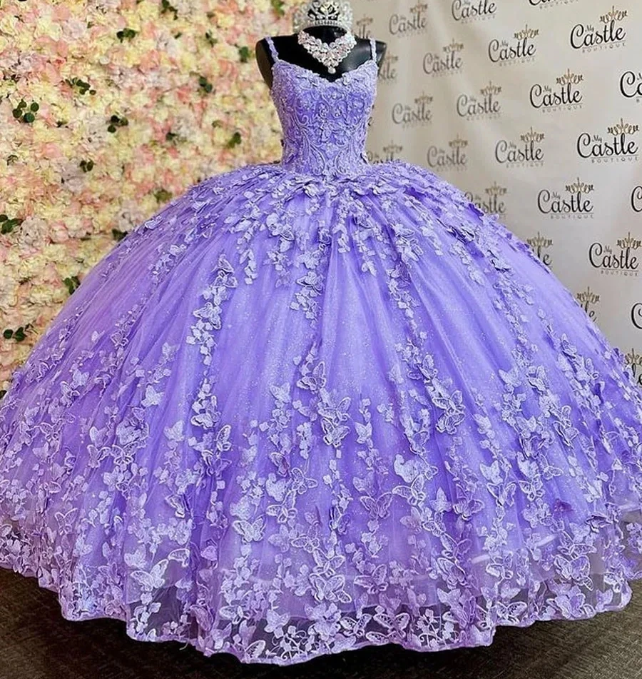 Gaun putri ungu Quinceanera gaun bola tali Spaghetti applique renda manik-manik manis 16 Gaun 15 a00os kustom