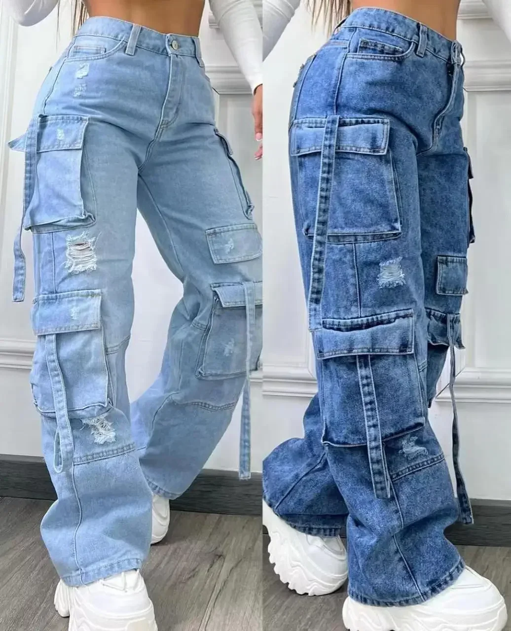 Mulheres calças jeans moda cor sólida versátil multi-bolso calças casuais senhoras tamanho grande cintura alta denim 2025