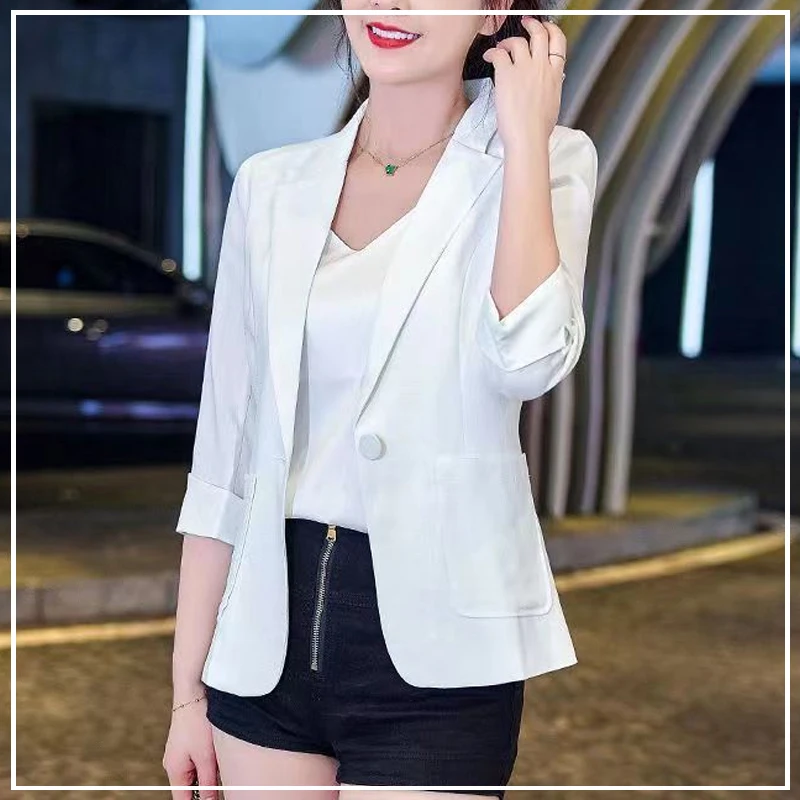 2024 New Summer Casual Loose Oversize Fashion Simple Commuting Solid Color Thin Linen Three Quarter Suit Jacket for Women