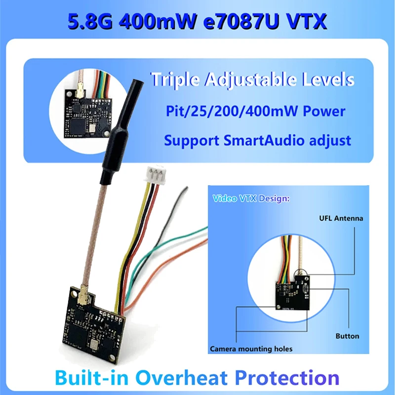 

SLONWAKE 5.8G 48CH 400mW e7087U MINI VTX передатчик. Подходит для камер 19*19 мм. Для радиоуправляемых FPV дронов с фиксированным крылом для полетов на большие расстояния.