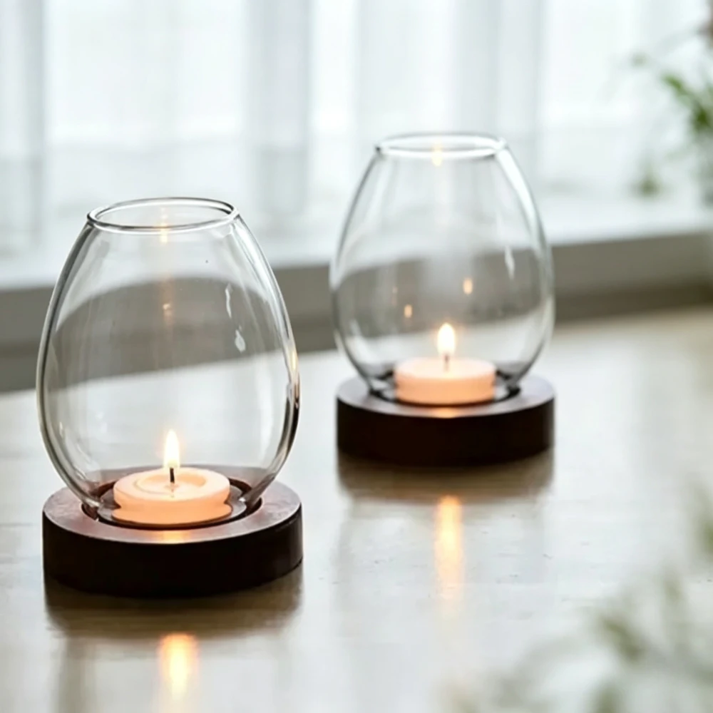 Portacandele in Vetro Trasparente Stile Nordico con Base in Legno, Lanterna per Candele Tealight, Decorazione per la Casa, Centrotavola per Matrimoni e Feste