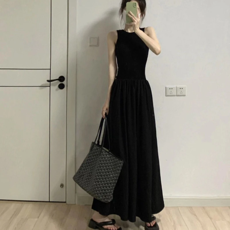 

O-neck Dress Women Solid Black Gothic Off Shoulder Ankle-length Fit and Flare Korean-style Trendy Elegant Leisure All-match Soft