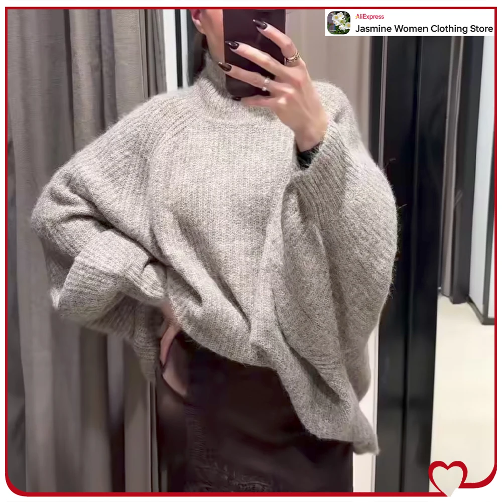 

New in Autumn Elegant Chic Wide Sleeve Sweaters for Women Casual High-Neck Knit Jumpers with Wide Puffed Sleeves and Cuffed Ends