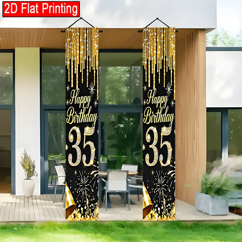 2D Flaches 2er-Pack Happy Birthday Banner mit Schwarz-Gold-Fransen für die Feier des 35. Geburtstags, geeignet für den Außenbereich – Detail 5