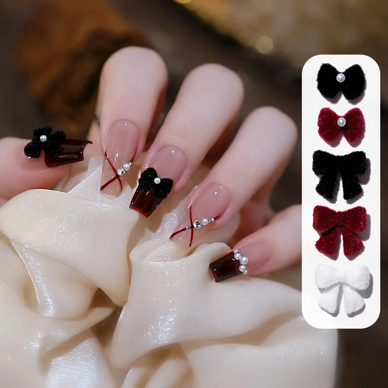 Red Plush Bow Tie Bowknot Ribbon Winter Nail Art Decorations DIY Manicure Accessories Sweet Luxury Decoration Black White